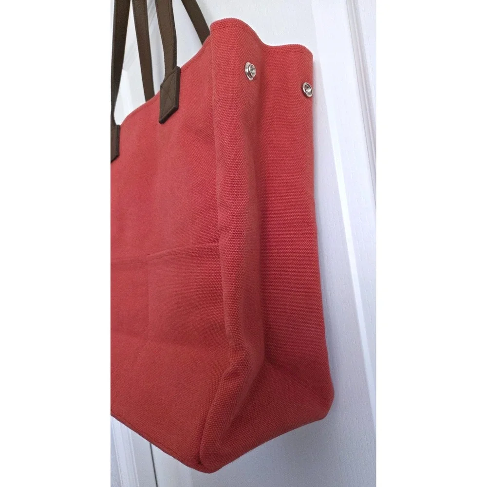 Restoration Hardware Red Canvas Tote Bag Brown Straps Pockets Metal Feet